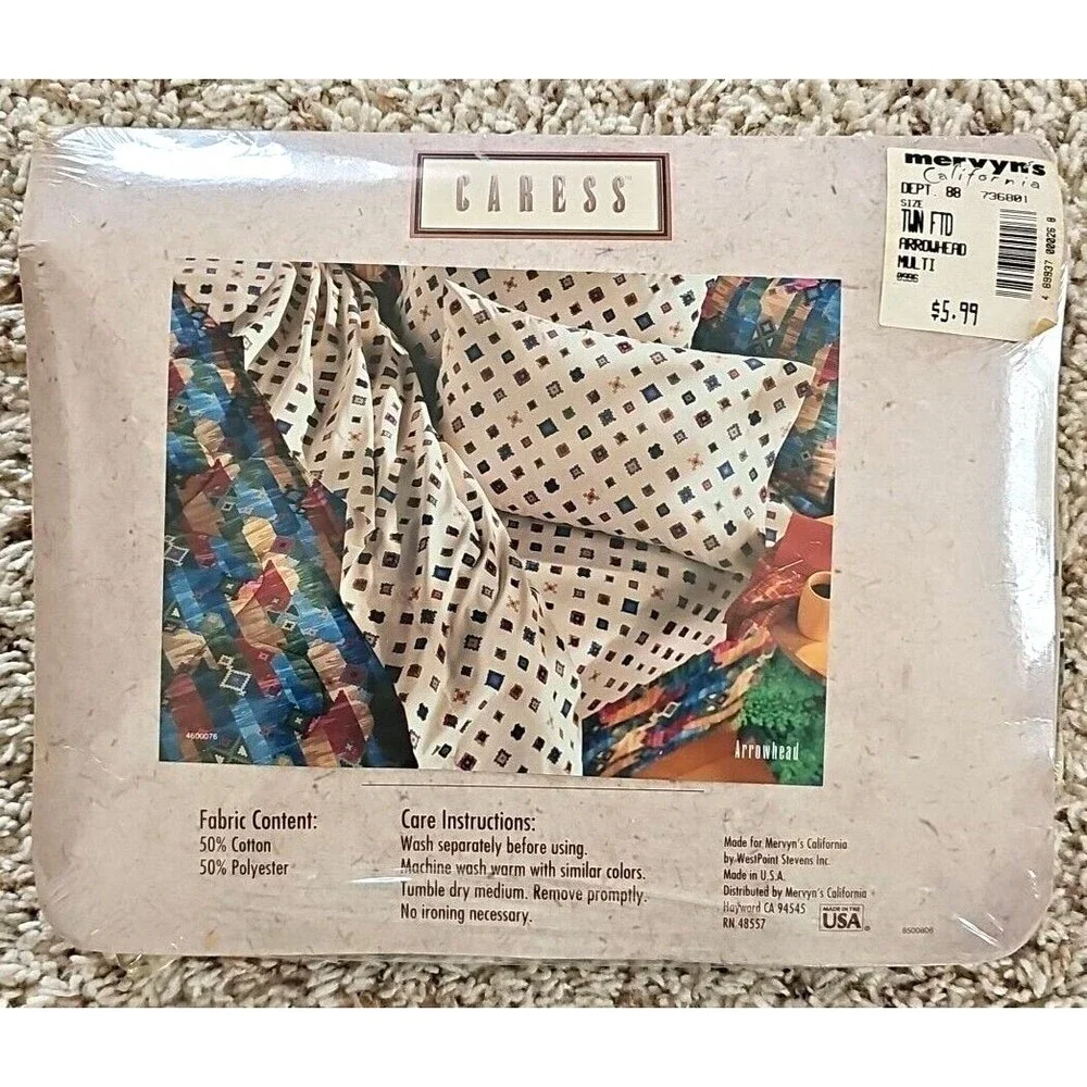 Vintage Caress Arrowhead Twin Fitted Sheet NOS Percale Southwestern Geometric